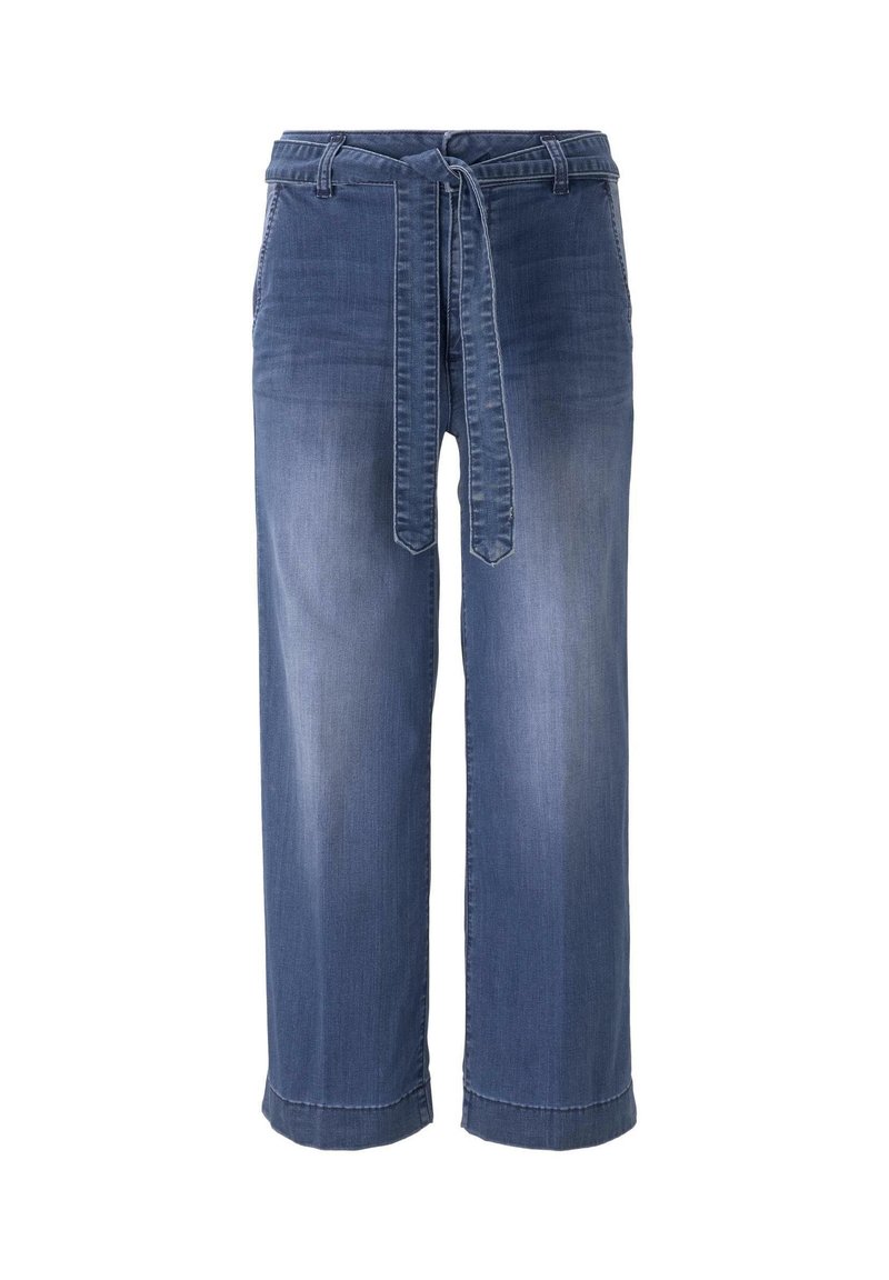 Blå denimbyxor med vida ben och dragsko i midjan, med två sidfickor, en något urblekt finish och rullade fållar.