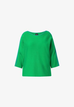 Grünes kurz geschnittenes Oberteil mit Viertelärmeln, das blaue Akzente an den Ärmeln aufweist. Hergestellt aus strukturiertem Stoff mit Rundhalsausschnitt.