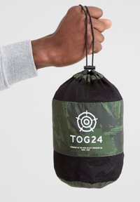 Green and black drawstring bag featuring a textured camouflage design, mesh accents, and a prominent logo reading "TOG24" on the front.