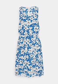 Vestido floral com fundo azul, apresentando padrões de lírios brancos. Design sem mangas com cintura franzida e barra reta.