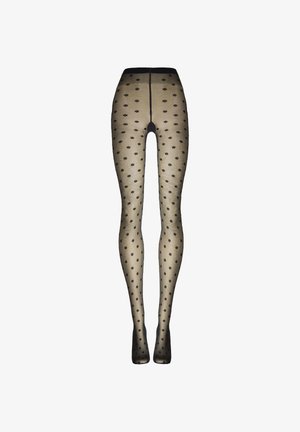 Transparente schwarze Strumpfhosen mit einem Tupfenmuster auf beigeem Untergrund, einem hohen Bund und glatter Textur.
