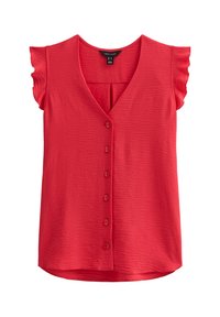 Haut rouge boutonné avec un col en V, manches courtes à volants et tissu texturé. Présente une rangée de boutons sur le devant.