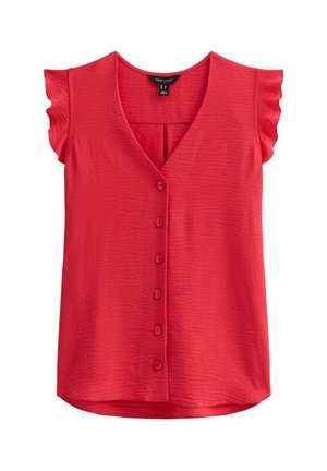 Rode blouse met een V-hals, korte gerimpelde mouwen en een gestructureerde stof. Heeft een rij knopen aan de voorkant.