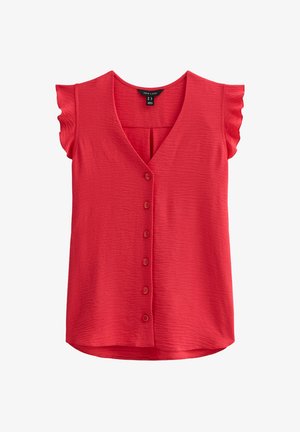 Rode blouse met een V-hals, korte gerimpelde mouwen en een gestructureerde stof. Heeft een rij knopen aan de voorkant.