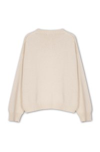 Cream-colored knit sweater with dropped shoulders, ribbed cuffs and hem. Soft texture, lightweight design, seamless back, and minimal detailing.