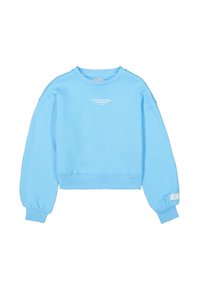 Sudadera recortada azul en material suave con puños acanalados. Presenta el texto blanco "QUE LAS COSAS BUENAS DUREN PARA SIEMPRE" en el frontal.