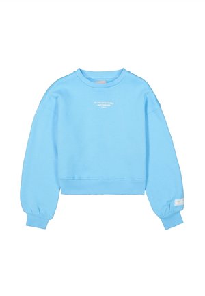 Blaues, kurzes Sweatshirt aus weichem Material mit gerippten Bündchen. Mit weißem Text "LASS DIE GUTEN DINGE FÜR IMMER DAUERHAFT SEIN" auf der Vorderseite.