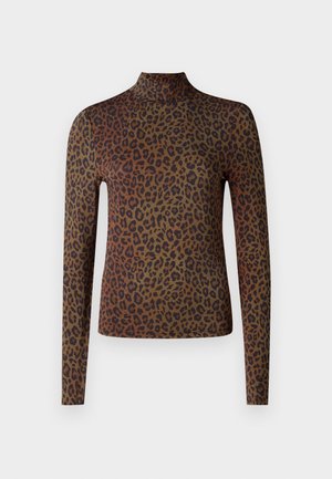 Långärmad topp med leopardmönster i bruna och svarta toner, med hög halsringning och ett mjukt, stretchigt tyg. Mönstret är framträdande genom hela plagget.