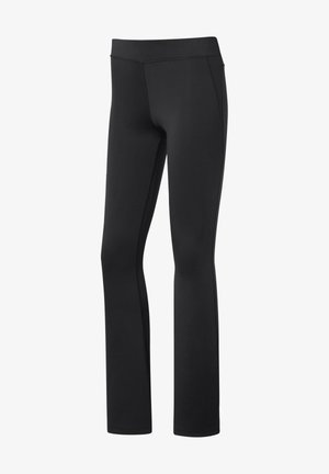 Leggings negros de material elástico, con textura suave, diseño ajustado y cintura ancha, sin patrones ni detalles visibles.