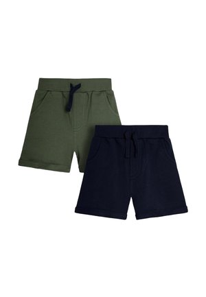 Zwei Paar Kindershorts, eines in Olivgrün und eines in Marineblau, beide mit elastischem Bund und vorderen Taschen.