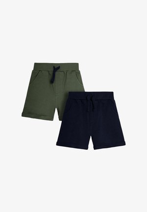 Zwei Paar Kindershorts, eines in Olivgrün und eines in Marineblau, beide mit elastischem Bund und vorderen Taschen.