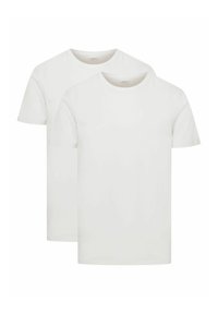 Dwie białe bawełniane koszulki z krótkim rękawem i okrągłym dekoltem, prezentowane nałożone na siebie. Gładka faktura, podstawowy design, brak widocznych wzorów lub akcentów.