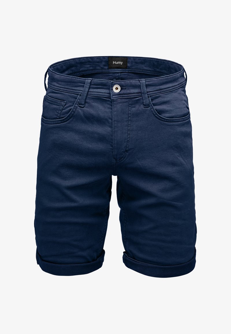 Dunkelblaue Jeansshorts mit umgekrempelten Säumen, fünf Taschen und einem Knopfverschluss. Der Stoff wirkt glatt mit subtilen Nähdetails.