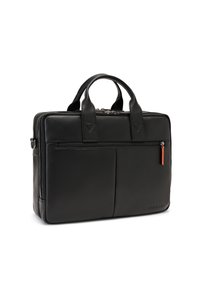 Schwarze Lederakte mit zwei oberen Griffen, einer vorderen Reißverschlusstasche und minimalistischem Design. Verfügt über einen kleinen orangefarbenen Zipper und Branding.