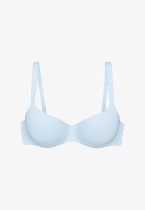Light blue padded bra with adjustable straps and smooth seamless cups, designed for everyday wear and comfort.