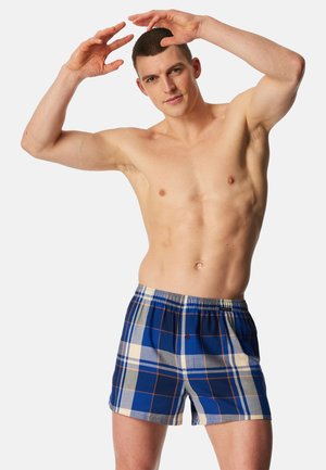 Shirtless man posing with arms raised, wearing blue and beige plaid boxer shorts against a plain white background.