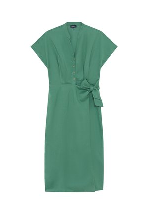 Vestito verde al ginocchio con maniche corte, bottoni anteriori, scollo a V e fiocco in tessuto sul lato destro in vita.