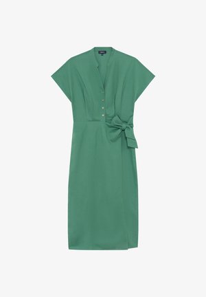 Vestito verde al ginocchio con maniche corte, bottoni anteriori, scollo a V e fiocco in tessuto sul lato destro in vita.