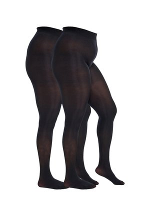 Zwei Paar schwarze blickdichte Schwangerschaftsstrumpfhosen, gezeigt an Schaufensterpuppen mit runden Babybäuchen, vor weißem Hintergrund.