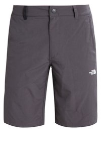 Gray shorts made of lightweight fabric. Features a button closure, front fly, and a small white logo on the lower left side.