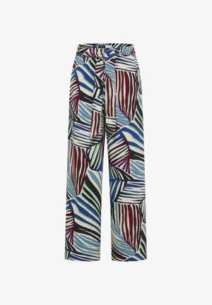 Hoch taillierte, weit geschnittene Hose mit abstraktem Blättermuster in Blau, Grün, Burgunder, Schwarz und Off-White, mit passendem Stoffgürtel.