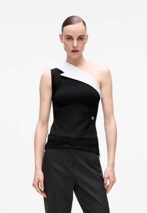 Black knit top featuring a one-shoulder design with a white accent. Smooth texture with a fitted silhouette and logo detail at the hem.