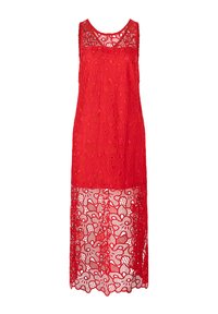 Rotes Spitzenkleid mit ärmellosem Design, das komplizierte Blumenmuster und einen transparenten Spitzenunterteil aufweist. Rundhalsausschnitt.