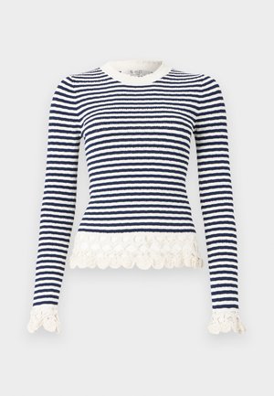 Navy and white striped long-sleeve sweater with a textured pattern and scalloped lace hem and sleeve accents. Made from stretchable material.