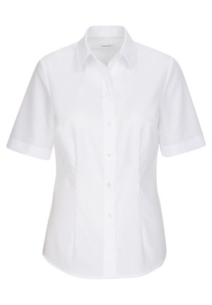 Witte korte mouwen blouse met knoopsluiting, puntige kraag en getailleerde naden, ontworpen voor vrouwen.