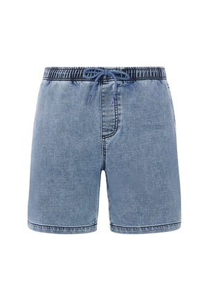 Light blue denim shorts with an elastic waistband and adjustable drawstring. Features a single front pocket and stitched hem details.