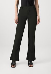 Black flared pants with a high waistband, featuring two front buttons, a smooth fabric texture, and a slightly stretchy fit.