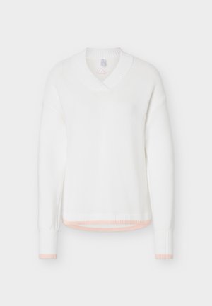 Λευκό μακρυμάνικο πλεκτό πουλόβερ με ριμπ V-λαιμόκοψη, μανσέτες και τελείωμα, με διακριτική ανοιχτό ροζ διακόσμηση στις μανσέτες και στην κάτω άκρη.