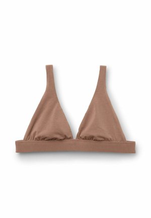 Braun triangularer Bralette mit dünnen Trägern und einem breiten Unterband, aus weichem Stoff gefertigt. Verfügt über geraffte Cups für einen entspannten Sitz.