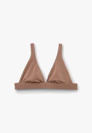 Brun trekantet bralette med tynde stropper og en bred underbånd, lavet af blødt stof. Har samlede skåle for en afslappet pasform.