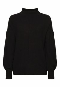 Pull en maille noir à manches longues avec un col montant et des poignets côtelés, présentant une discrète couture verticale au centre devant.