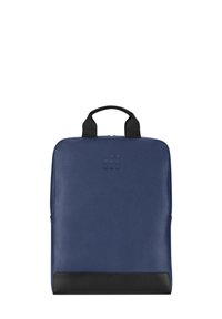 Zaino in pelle blu con texture liscia, fondo nero, manico superiore e chiusura con zip. Dettaglio logo impresso sulla parte anteriore.