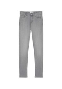 Jeans de denim gris con un corte ajustado, que presentan un diseño clásico de cinco bolsillos y cierre de cremallera. La tela es suave con una textura lisa.