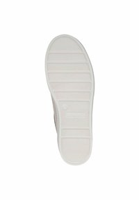 Suola di sneaker in gomma bianca con un motivo testurizzato. La parte superiore presenta un materiale intrecciato di un leggero beige con un sottile design diagonale.