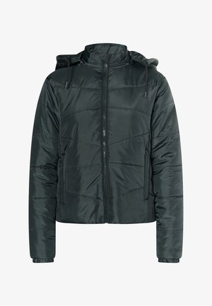 Dunkelgrüne, gepolsterte Jacke mit Reißverschluss, verstellbarem Kapuzenhood und elastischen Bündchen. Besitzt diagonale Nähte für zusätzliche Textur.