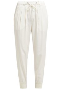 Ljust beige joggerbyxor i mjukt tyg med elastisk midja, justerbar snörning, framtill pleat-detaljer och smalnade muddar.