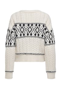 Pull crème en maille torsadée avec motifs géométriques en losange noirs et blancs sur la poitrine et les manches, poignets et ourlet côtelés.