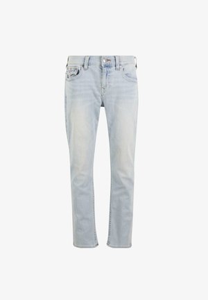 Jeans de mezclilla azul claro con corte recto, cinco bolsillos y un acabado ligeramente desgastado. Cierre de botón metálico en la cintura.