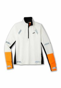 Maglietta sportiva bianca a maniche lunghe con colletto nero, dettagli arancioni sulle maniche e particolari riflettenti grigi. Design con zip sul davanti.