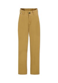 Pantaloni color khaki in cotone con design a gamba dritta, chiusura con bottone e tasche laterali. Presentano un piccolo dettaglio vicino alla vita.