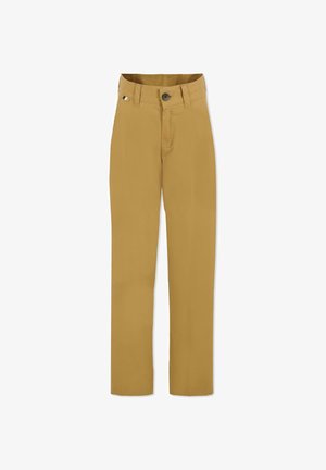 Pantalons khaki en coton avec une coupe droite, fermeture à bouton et poches latérales. Présente un petit accent près de la taille.