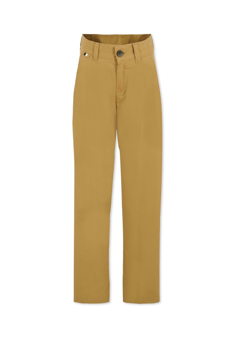 Pantaloni color khaki in cotone con design a gamba dritta, chiusura con bottone e tasche laterali. Presentano un piccolo dettaglio vicino alla vita.