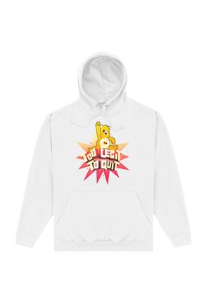 Weißer Hoodie mit einer Vorderentasche, der ein farbenfrohes Cartoon-Bären-Motiv und fetten Text zeigt, der in verschiedenen Farben "Too Legi To Quit" sagt.