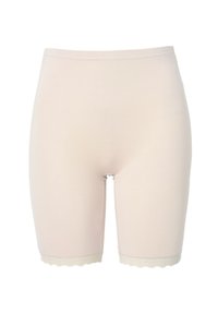 Shorts de gainage couleur chair avec une finition en tissu lisse et un ourlet en dentelle festonnée. Longueur mi-cuisse.