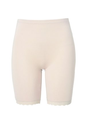 Shapewear shorts color carne con una finitura in tessuto liscio e un bordo in pizzo scallopato all'orlo. Lunghezza a metà coscia.