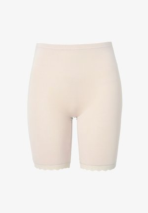 Hautfarbene Shapewear-Shorts mit glattem Stofffinish und gewelltem Spitzenbesatz am Saum. Oberschenkellang.